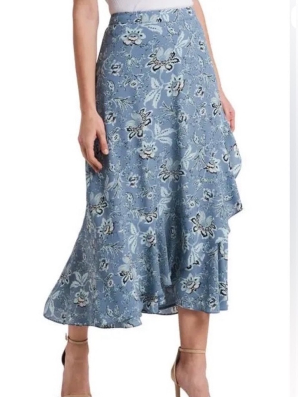 Max Studio Sky Blue Floral High-Low Ruffled Wrap Skirt, Size S